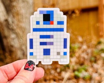 Naklejka pikselowa R2-D2 — retro winylowa naklejka z droidem science fiction