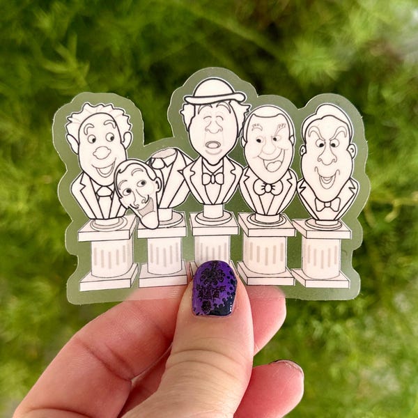 May include: A die-cut sticker featuring five white cartoon busts of men in formal attire, each mounted on a classic pedestal. The line art is black, and the figures are arranged in a row against a transparent background with a light green tint.