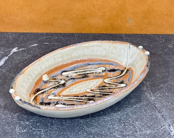 Hand Formed and Decorated Ceramic Dish - Vintage Signed by Artist Studio Pottery - Bold Abstract Modern Pacific Northwest - Neufeld  Pottery