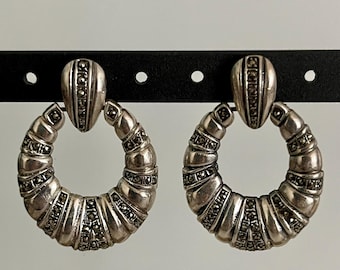 Sterling Silver Art Deco Door Knocker Earrings - Vintage Dangle Earrings Marcasite - 1970s or 80&#39;s Classic Earrings - Artisan Silver
