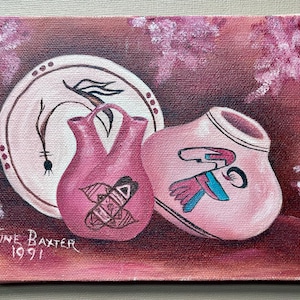 Original Vintage Painting - Still Life with Native Pottery - Boho Decor - Unique Painting on 5 by 7 Canvas by June Baxter 1991