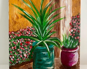 Original Vintage Painting - Still Life with Southwest Plants - Boho Decor - Unique Painting on 8 by 10 Canvas