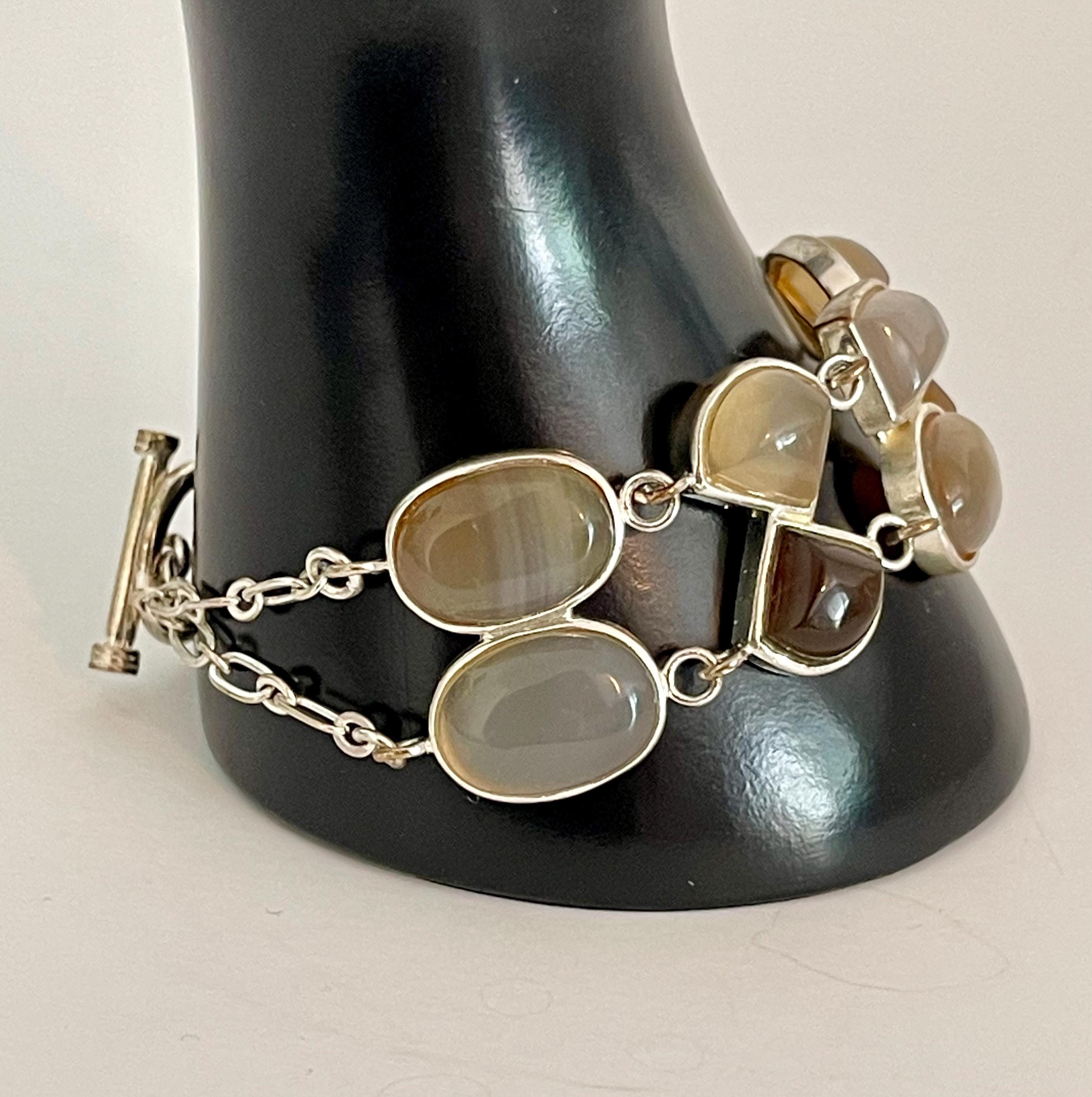 Bracelet Ancien En Argent Et Or 18 Carats – Avec Cabochon D’agate, Occasion Vintage