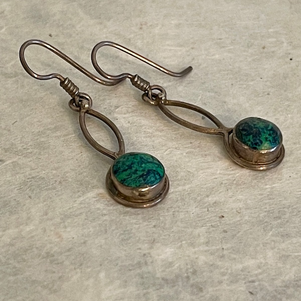 Sterling Silver Dangles with Chrysocolla- Vintage Twisted Wire Dangle Earrings - Handmade  Boho Earrings - Peru Artisan Silver