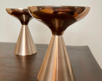 Mid Century Modern Stainless Steel Candlestick Holders - Pair of Vintage Minimal Geometric Candle Holders