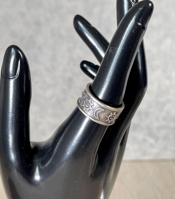 Sterling Silver Ring with Hand Stamped Sun and Mo… - image 4
