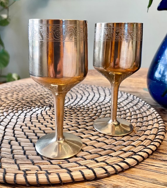 Brass Goblets Elegant Vintage Wine Glasses Made in Thailand in the 1960's  Minimal Midcentury Goblets With Floral Etching Boho Decor 