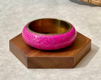 Chunky Brass Bangle - Boho Vintage Brass Bracelet with Bright Pink Snakeskin - Chunky Bold Brass Jewelry - Festival Wear