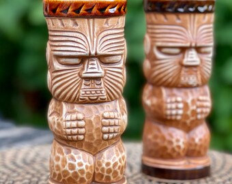2 Vintage Trader Dicks Tiki Mugs / Cocktail Tumblers Nugget - Made by Otagiri Japan - Collector Brown Peanut Tiki Mug