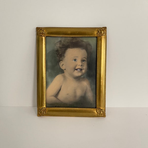 Antique Hand Tinted Photograph of Happy Baby or Toddler in Brass Frame - Vintage Colored Photo Signed by Artist - Victorian Wall Art