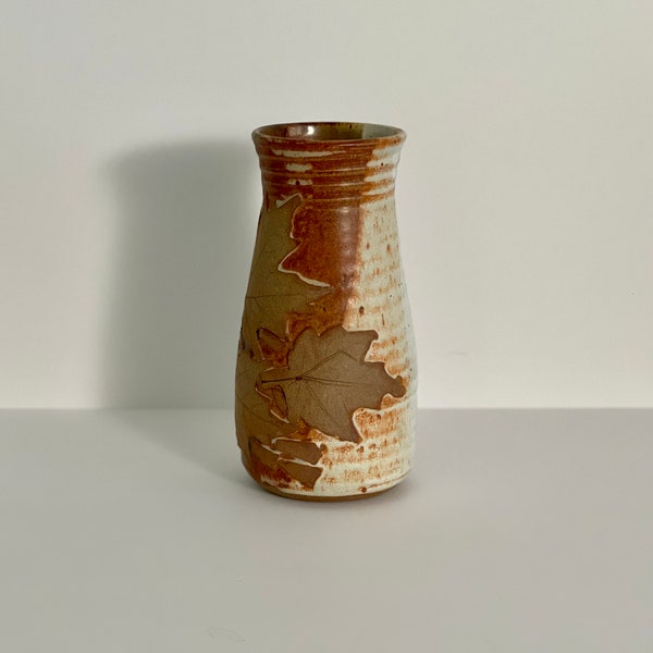 Studio Pottery Vase with Embossed Maple Leaves  - Unique 70's Style Vintage Stoneware Vase in Rust, Brown and White Glazes - Artisan Vase