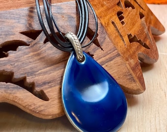 Bold Blue Enamel Teardrop Necklace - Large Enamel Pendant in Bold Blue - Boho Necklace with Chunky Blue Focal