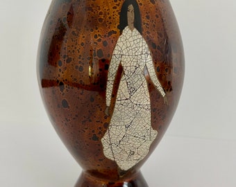 Vietnamese Lacquerware Vase - Antique So&#39;n mai Vase with 3 Mosaic Figures of Women - Asian Turned Wood Vase - Unique Artisan Vase Boho Decor
