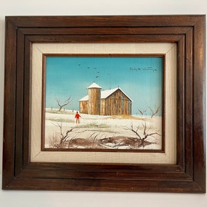 Barn Landscape Original Painting from the 1970&#39;s - Signed by Philip s Whiney - Retro Barn Painting - Boho Decor - Vintage Wood Frame
