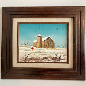 Barn Landscape Original Painting from the 1970's - Signed by Philip s Whiney - Retro Barn Painting - Boho Decor - Vintage Wood Frame