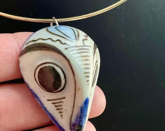 Brass Choker with Vintage Hand Painted Owl Pendant - Mexican Ceramic Tonala Pendant  - Ken Edwards Retro Clay Owl - Bold Statement Necklace