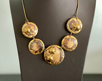 Boho Brass Statement Bib Necklace - Organic Style Necklace with Mixed Metal Discs - Bold and Modernist - Sculptural Sea Star Texture