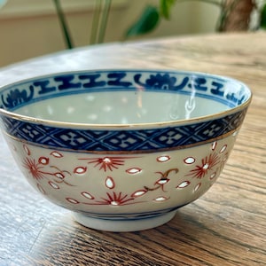 Antique Japanese &#39;Rice Grain&#39; Blue and White Porcelain Bowl -  Blue and White Imari Porcelain Bowl with Hand Painted Red and Gold Symbols