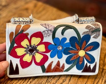 Brighton Eve Paradiso Floral Leather - Vintage Handbag Bag with Colorful Floral Applique  and Silver Scroll Hardware -  Designer Handbag