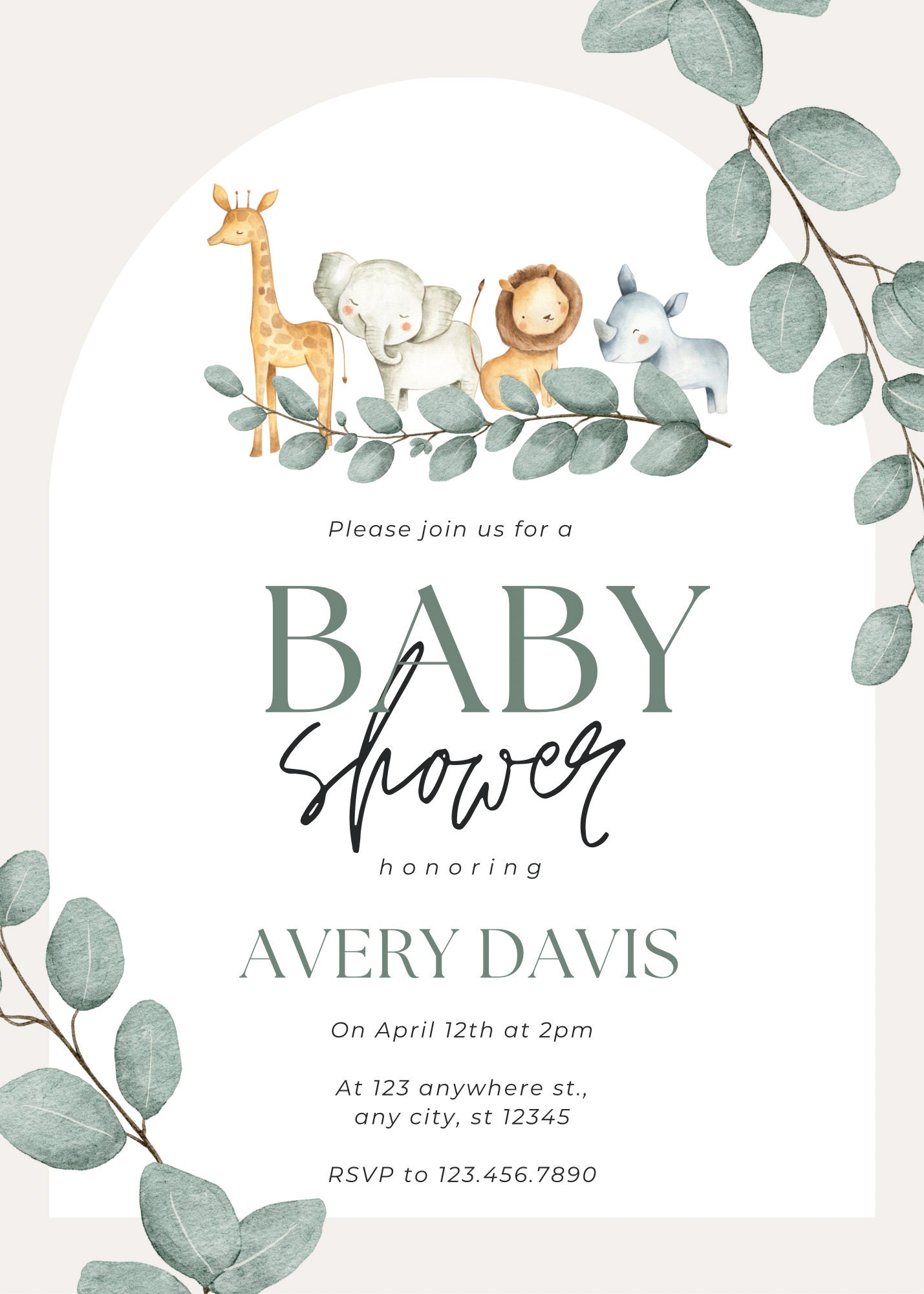 woodland-baby-shower-invitation-template-animals-baby-printable-invite-green-calm-wild-safari-jungle-etsy