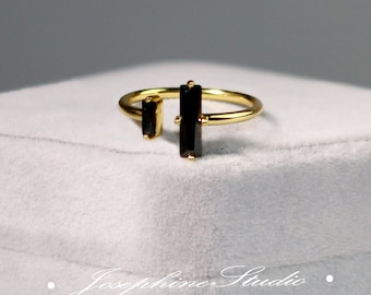 Black Obsidian Ring, Double Obsidian Bar Ring, Healing Empath Protection Strength Reiki Ring, Minimalist Delicate Ring, 18K Gold Ring