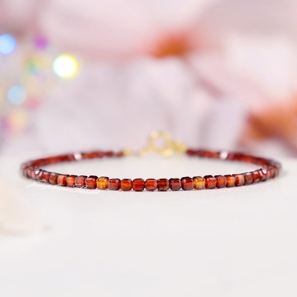 Spessartine Orange Garnet Bracelet, 2mm Square Small Gemstone Crystal Beads Bracelet, Minimalist Dainty Healing Balance Reiki Bracelet, Gift