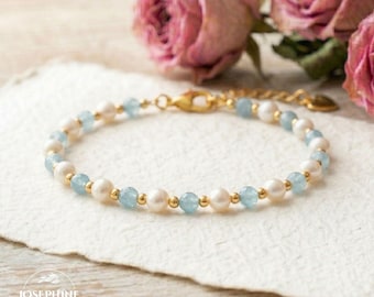 Blue Aquamarine & Pearl Bracelet Natural Crystal Women Dainty Minimalist Jewelry, Gift for her