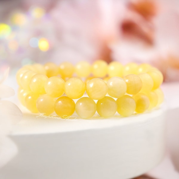 Honey Calcite Bracelet, Natural Yellow Crystal 8mm Round Beads Stretch Bracelet, Healing Meditation Reiki Fertility Positive Energy Bracelet