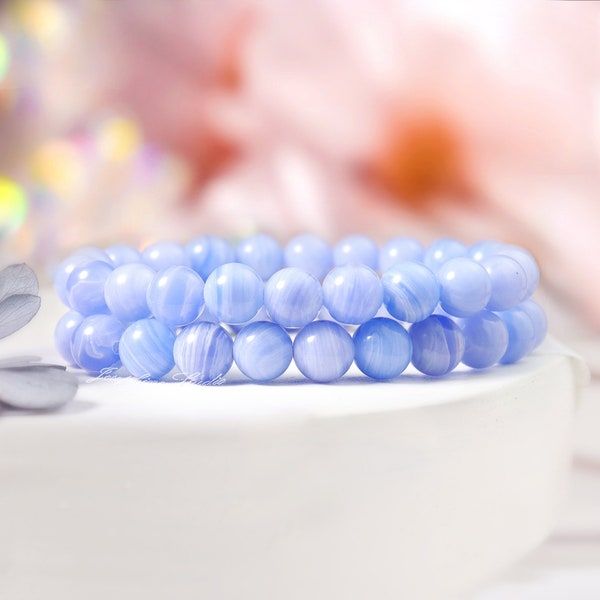 Blue Lace Agate Bracelet, 8mm Tube Beads Natural Gemstone Crystal Stretch Bracelet, Healing Empath Protection Inner Peace Bracelet, Gifts