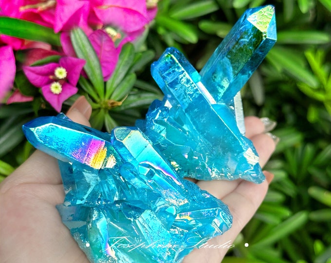 Titanium Aura Blue Crystal Rainbow Quartz Cluster, Natural Geode Rocks Specimens, Crystal Collection Gifts, Healing Meditation Decoration