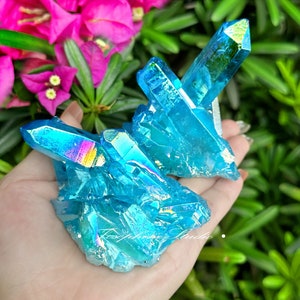 Titanium Aura Blue Crystal Rainbow Quartz Cluster, Natural Geode Rocks Specimens, Crystal Collection Gifts, Healing Meditation Decoration