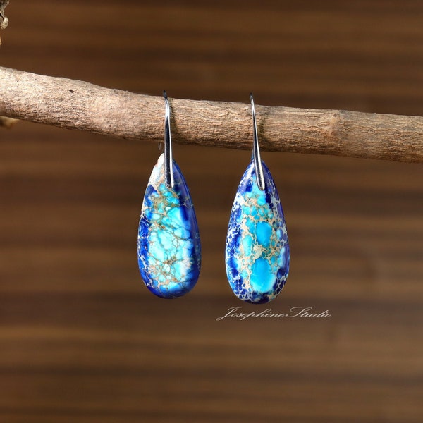 Sea Sediment Hook Earrings, Natural Blue Gemstone Dangle Earrings, Healing Earrings, Inner Peace Meditation Grounding Women Earrings Gifts