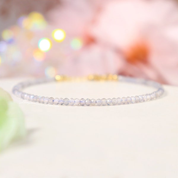 Genuine Labradorite Bracelet, 2mm Faceted Beads Dainty Minimalist Bracelet, Healing Reiki Chakra Stress Relief Empath Protection, Gifts