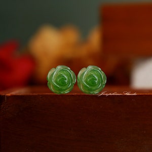 Hetian Green Jade Stud Earrings, Hand Carved Flower Shape Elegant Delicate Earring, Dainty Minimalist Healing Stud Earrings, Gift for her