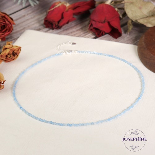 Collana girocollo minimalista con perline di pietra preziosa acquamarina, collana con perline di pietra preziosa blu naturale da 2 mm, girocollo di cristallo impermeabile, regalo di gioielli curativi