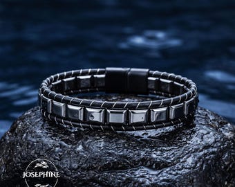 AA Grade Hematite Leather Mens 8in Bracelet, Custom Engraved Hidden Message Bracelet for Men, Personalized Gift for Him