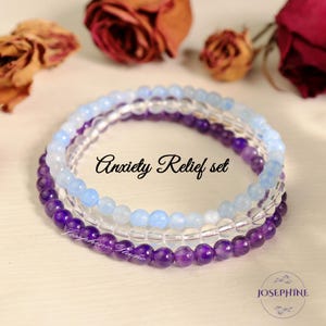Juego de pulseras de cristal curativo con cuentas de piedras preciosas / Pulsera de cristal de intención / Pulseras de cuentas de aguamarina, amatista y cuarzo transparente
