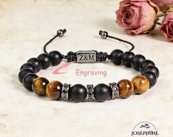 Armband aus schwarzem Onyx und Tigerauge, Naturstein, einstellbar, Geschenk für ihn, am besten für Ehemann, Vater, spirituelle Heilung und Schutz kraftvoll, Herren