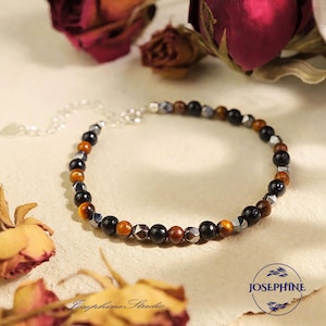 Triple Protection Bracelet, Tiger&#39;s Eye Hematite Obsidian Beads Gemstone Bracelet in Sterling Silver, Healing Strength Calming Bracelet