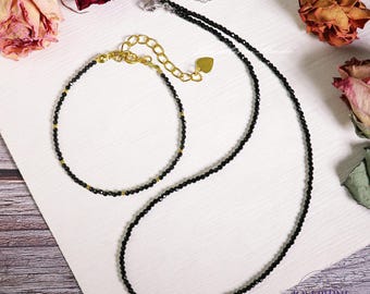 Set di bracciale e collana con cavigliera in tormalina nera, set di gioielli minimalisti con perline di cristallo naturale, gioielli curativi, regalo di Natale