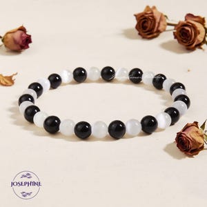 Selenite & Black Tourmaline Bracelet 6mm Beads- Energy Clearing Empath Protection - Healing Protection Strength Bracelet - Stretch Stacking