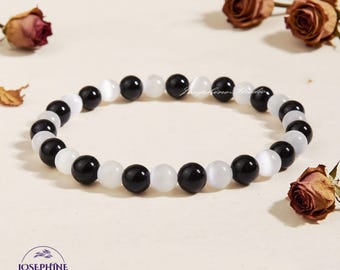 Selenite & Black Tourmaline Bracelet 6mm Beads- Energy Clearing Empath Protection - Healing Protection Strength Bracelet - Stretch Stacking
