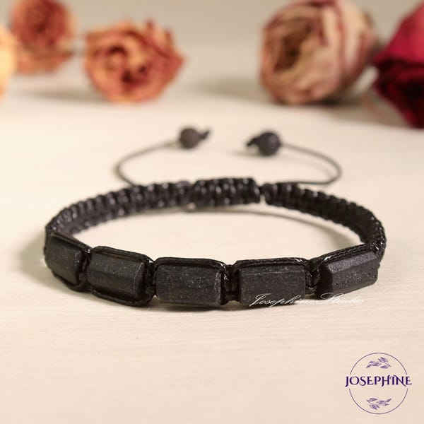 Bracciale in tormalina nera grezza, impermeabile, stile surfista per uomo e donna, bracciale con pietre curative, protettive e rinforzanti, regalo per lei e per lui