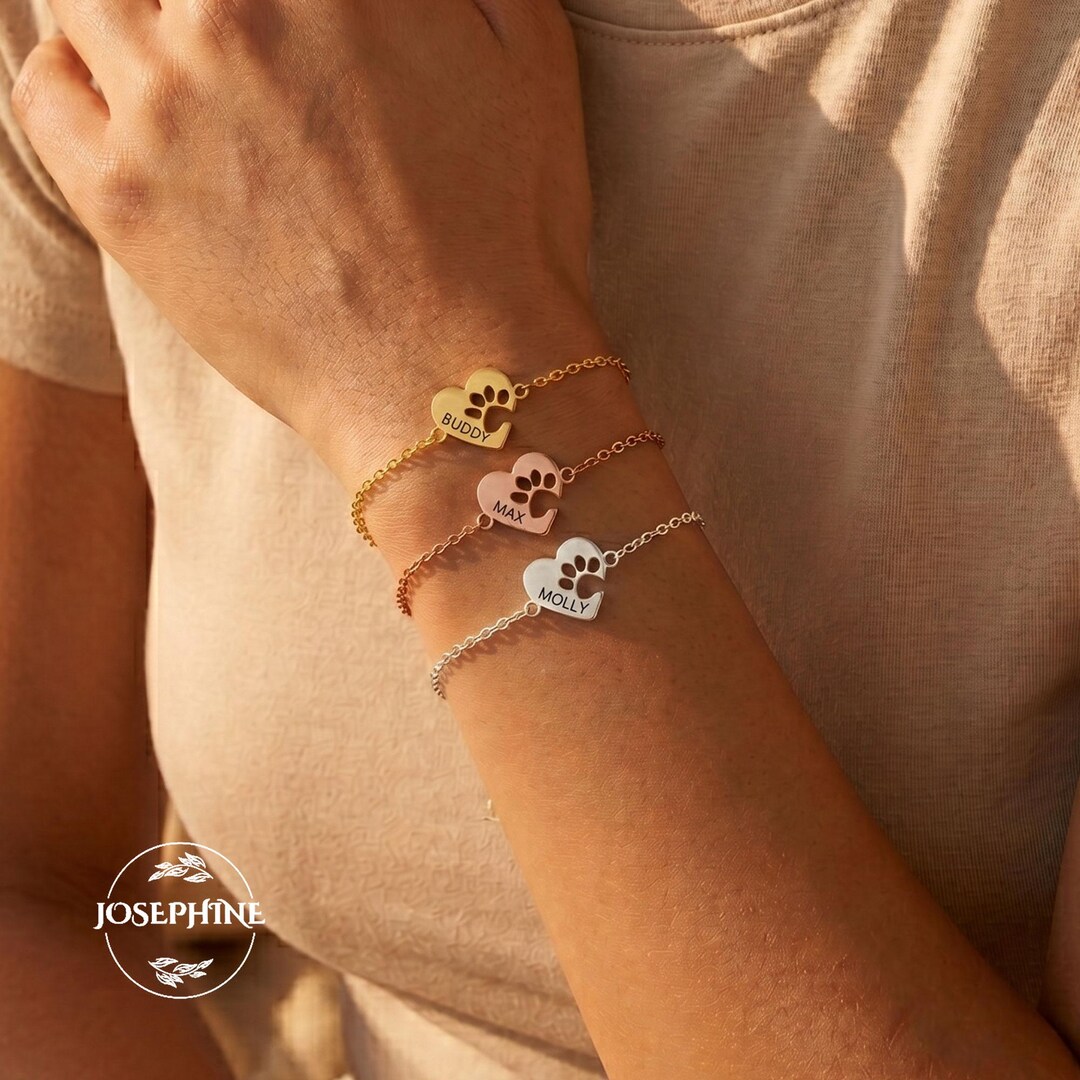 Custom Dog Paw Print Heart Bracelet- Personalized Pet Name Jewelry ...