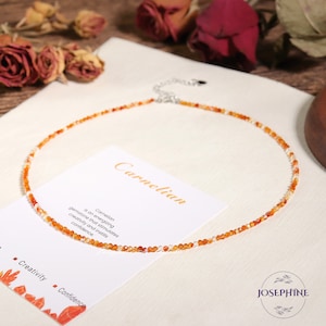 Tiny Carnelian Gemstone Beaded Minimalist Choker, Dainty Gemstone Beaded Necklace, Waterproof Crystal Choker, With Gemstone Meaning Cards