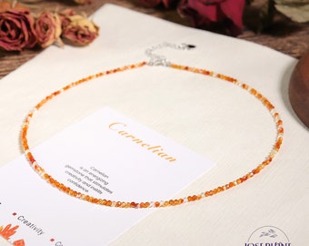 Tiny Carnelian Gemstone Beaded Minimalist Choker, Dainty Gemstone Beaded Necklace, Waterproof Crystal Choker, With Gemstone Meaning Cards