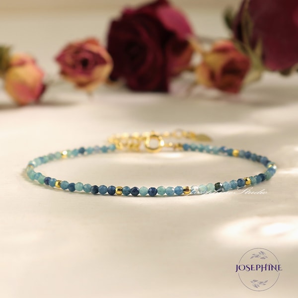 Minimalist Dainty Beads Gemstone Bracelet in Sterling Silver, Blue Tourmaline 2mm Beads Crystal Bracelet, Healing Meditation Protection
