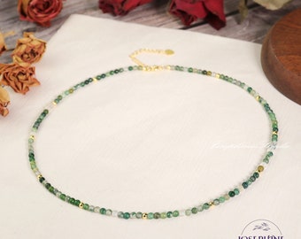 Green Moss Agate Gemstone Beaded Minimalist Choker, Small Small Beads Beaded Women Necklace, Waterproof Crystal Choker, Healing Jewelry Gift