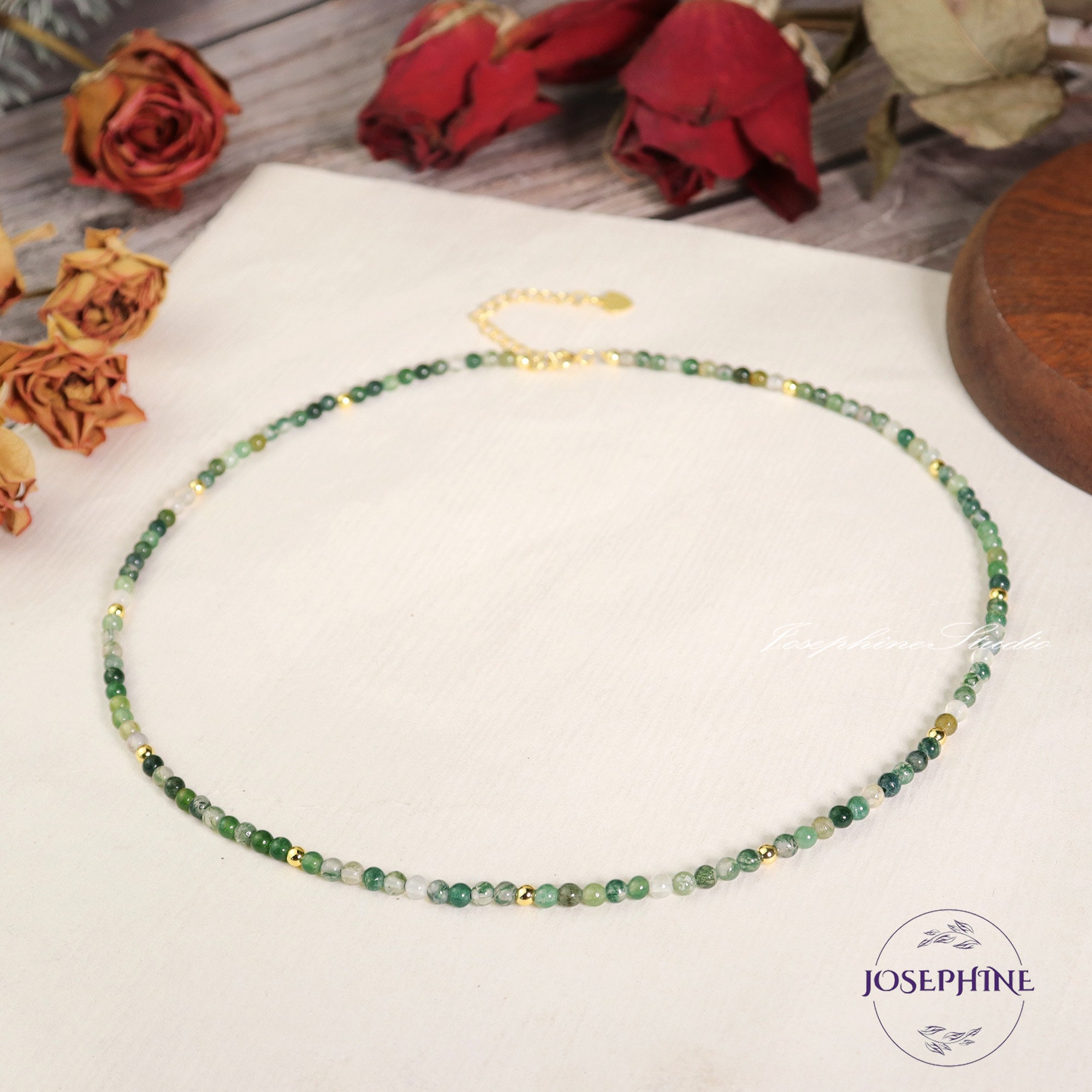 Green Moss Agate Gemstone Beaded Minimalist Choker, Small Small Beads Beaded Women Necklace, Waterproof Crystal Choker, Healing Jewelry Gift