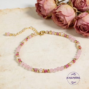 Natürliches Rosenquarz- und rosa Turmalinarmband, 3 mm subtile Edelsteinperlen, zierliches Kristallarmband, Heilarmband, Oktober Geburtsstein Bild 6